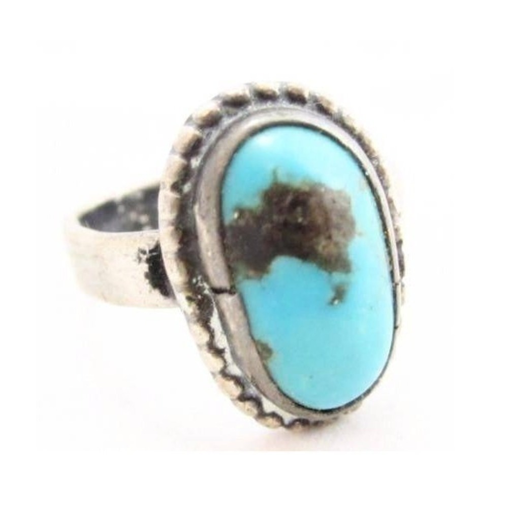 VINTAGE SOUTHWESTERN STERLING SILVER OVAL TURQUOISE MATRIX BEZEL RING SZ 7.5